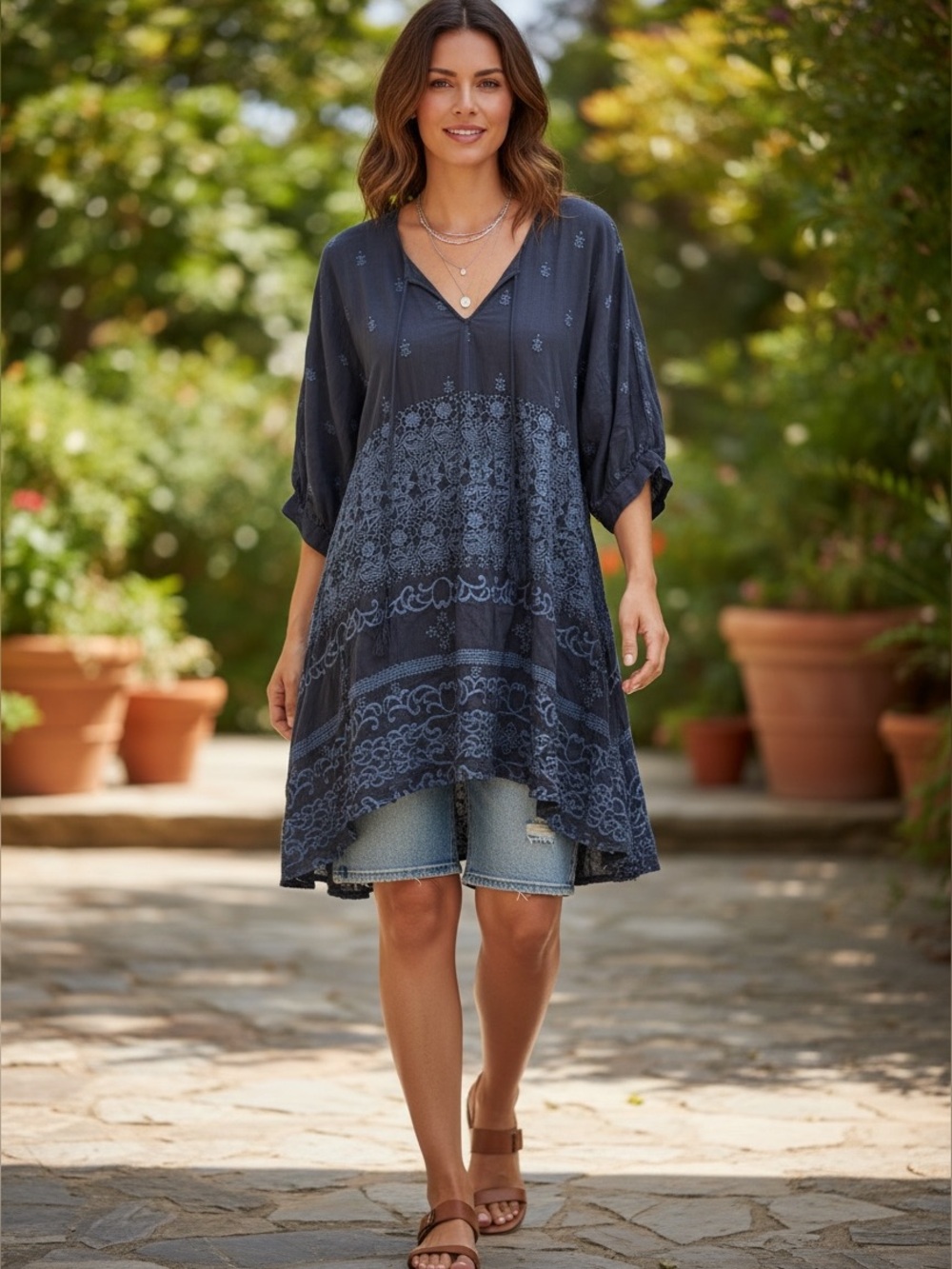 Johnny Was Navy Embroidered Tunic Top Small Cupra Rayon Boho Hi-Low Coverup